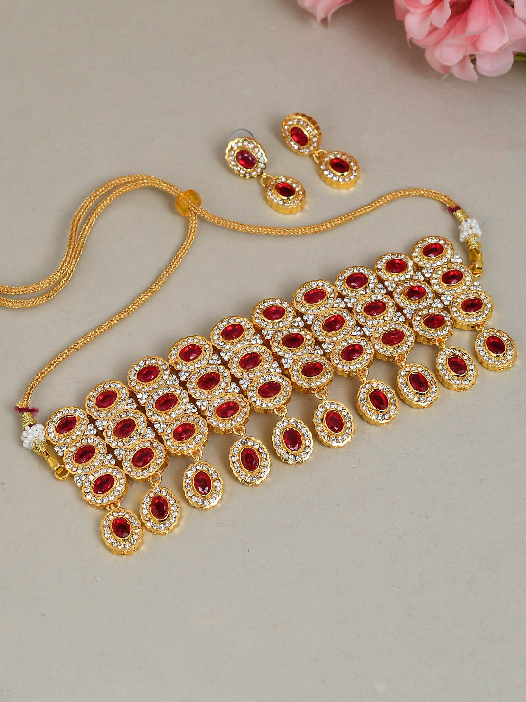 Gold Plated Ad Faux Ruby Jewellery Set
