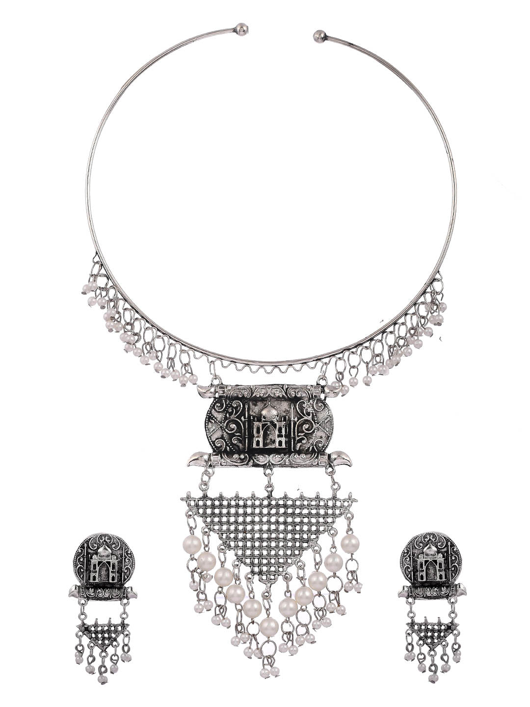 Oxidised Silver Statement Hasli Necklace Set With Earrings