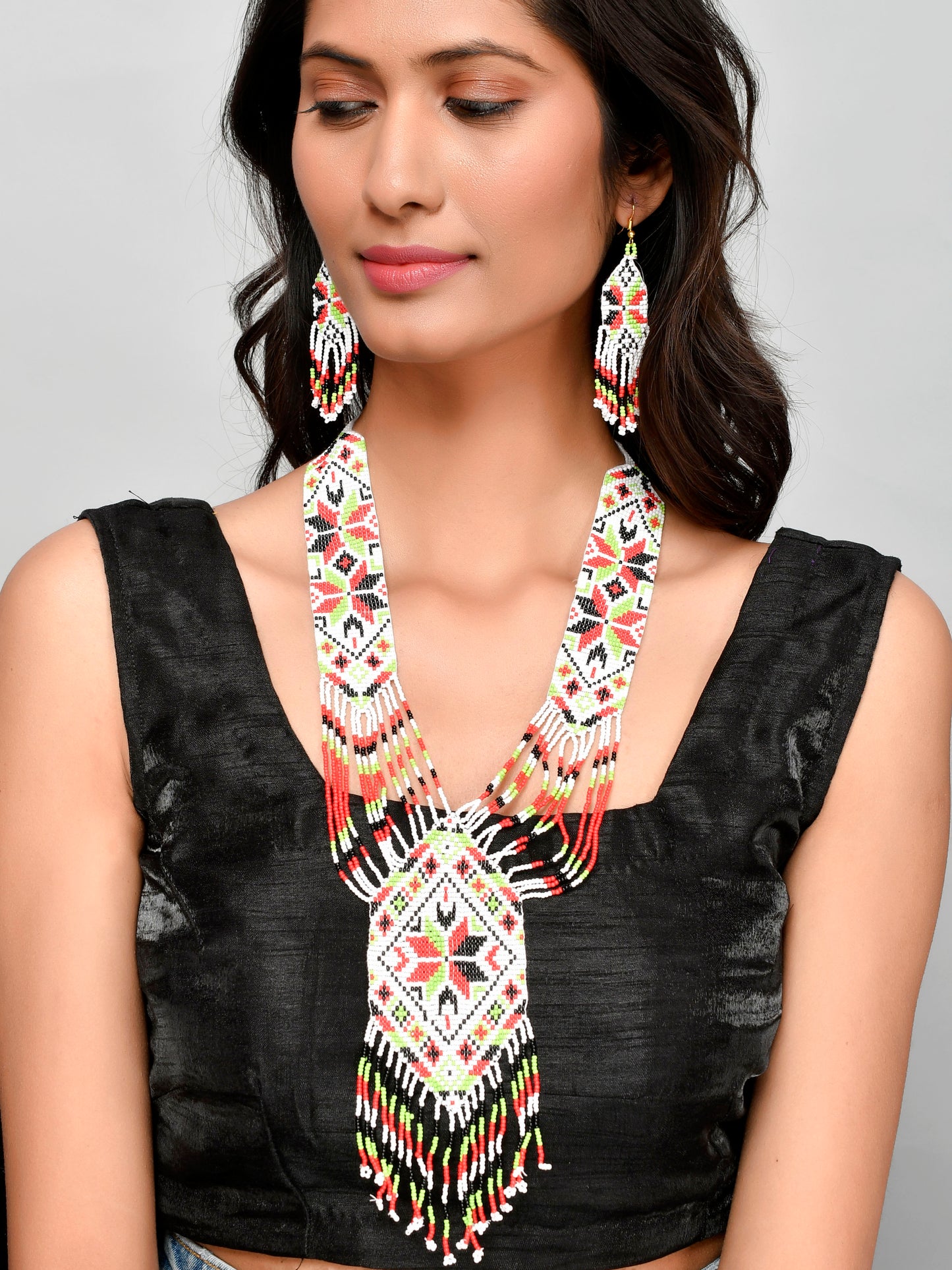 Silver Plated Multi Colored Hand Woven Layered Taselled Boho Jewellery Set