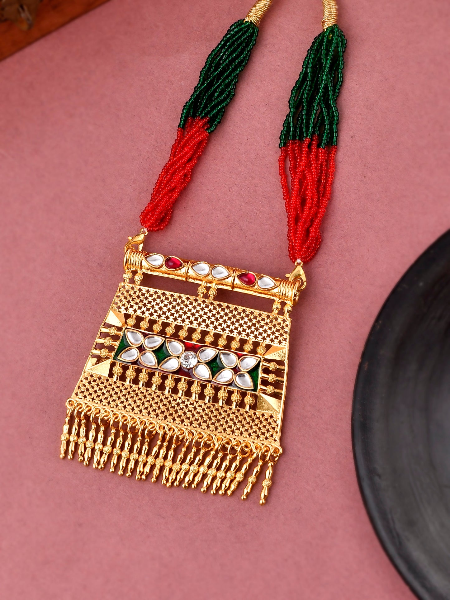 Gold Plated Red & Green Kundan Studded Gold Plated Necklaces for Women Online
