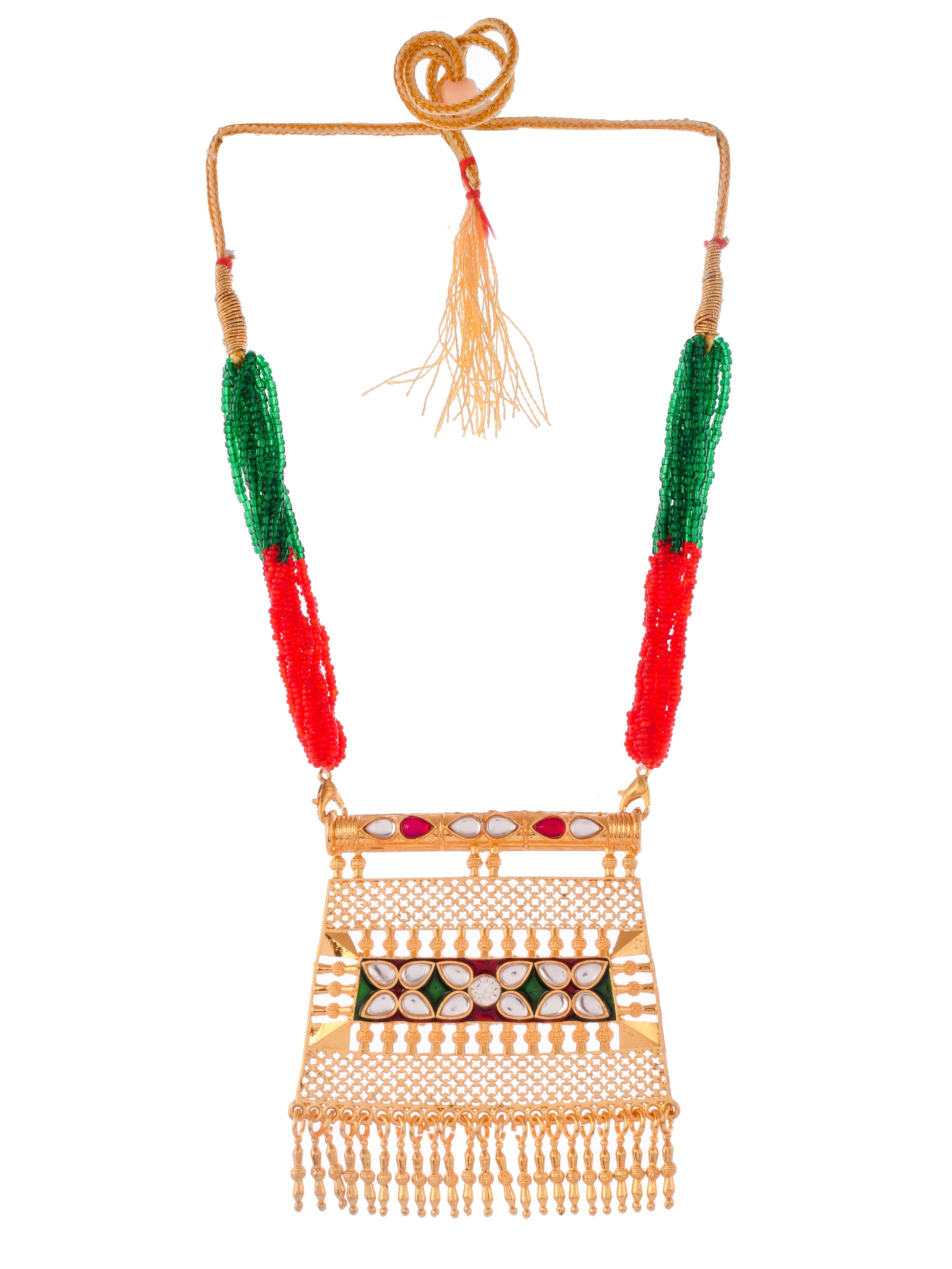 Gold Plated Red Green Kundan Studded Necklace