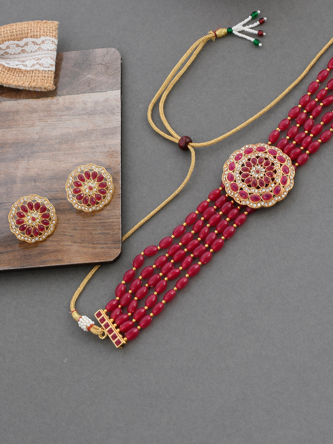 Red Beads American Diamond Jewellery Set