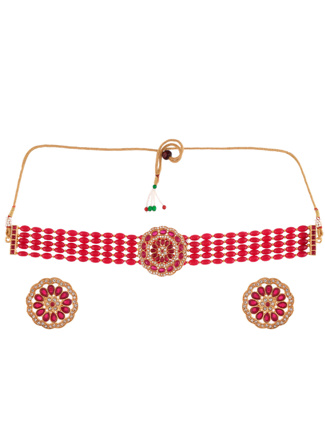 Red Beads American Diamond Jewellery Set