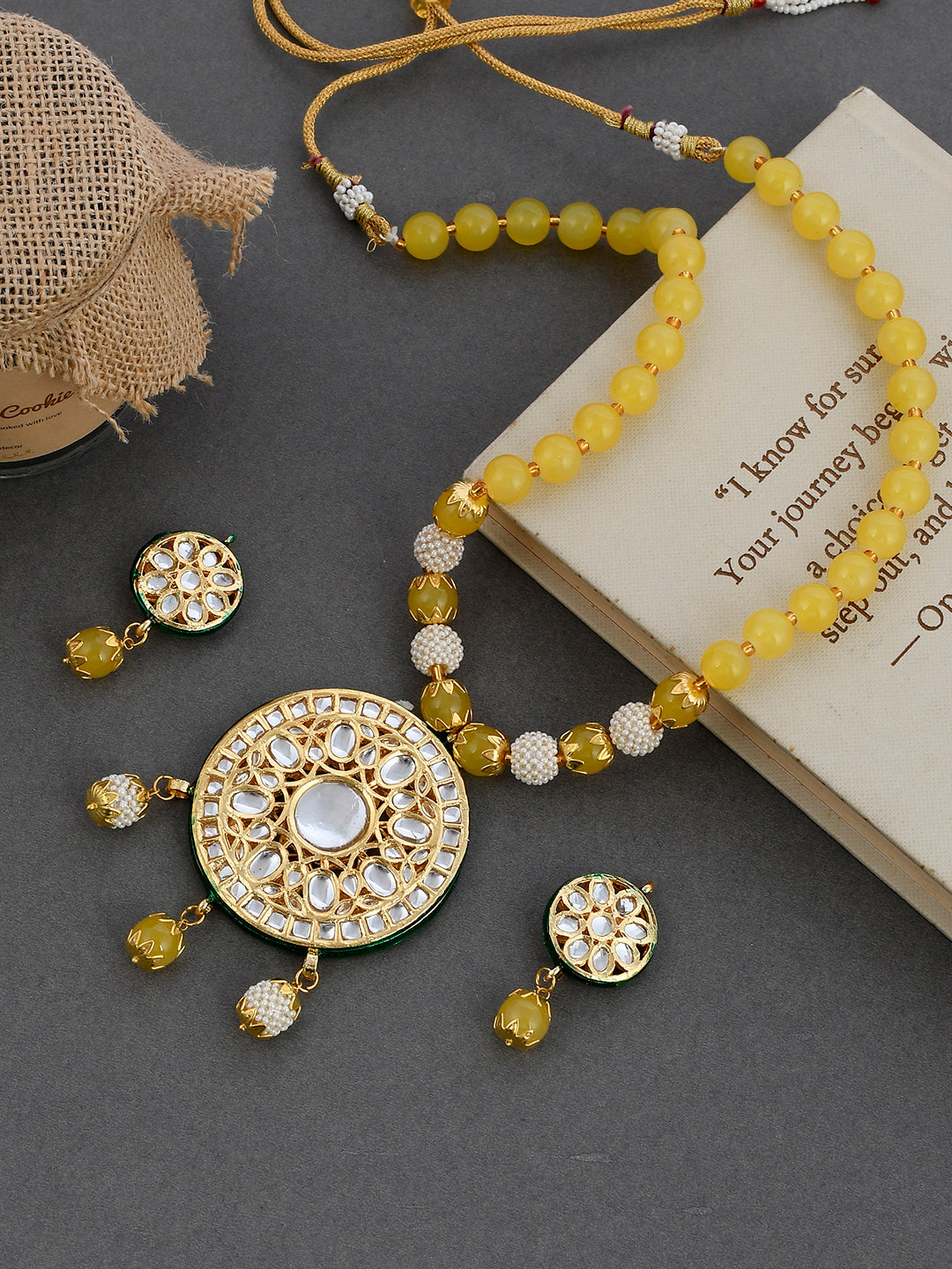 Yellow Beads With Pearl Kundan Jewellery Set