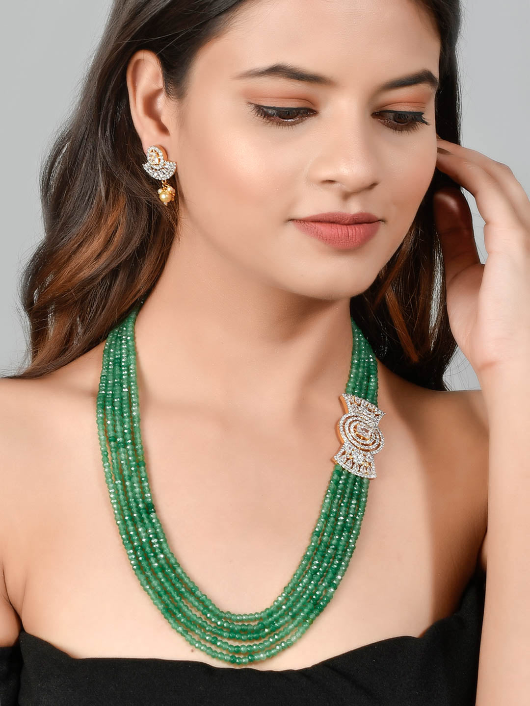 Emerald Green Layered American Diamond Bow Necklace Set for Women Online