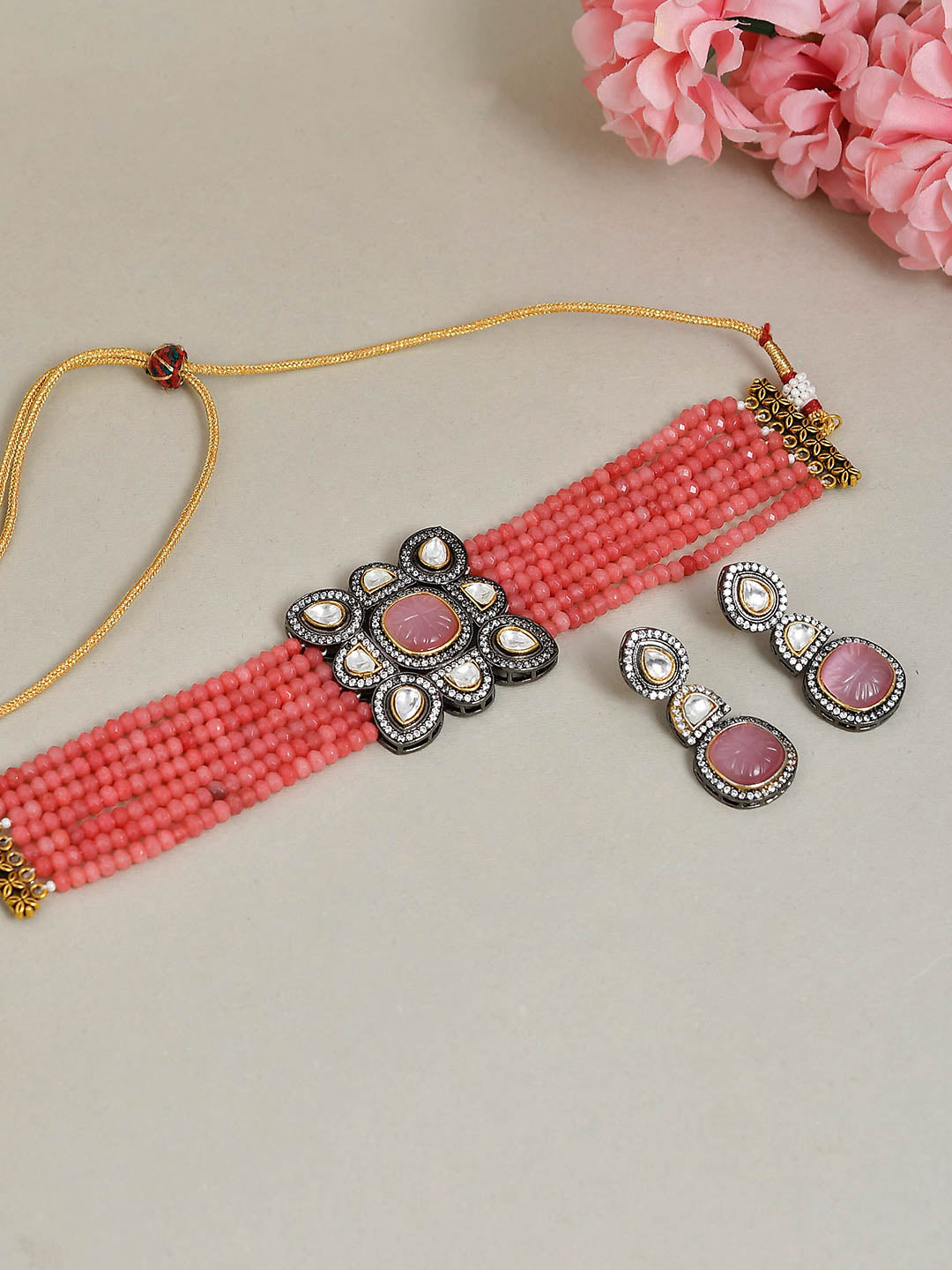 Gold Plated Pink Ad Kundan Jewellery Set