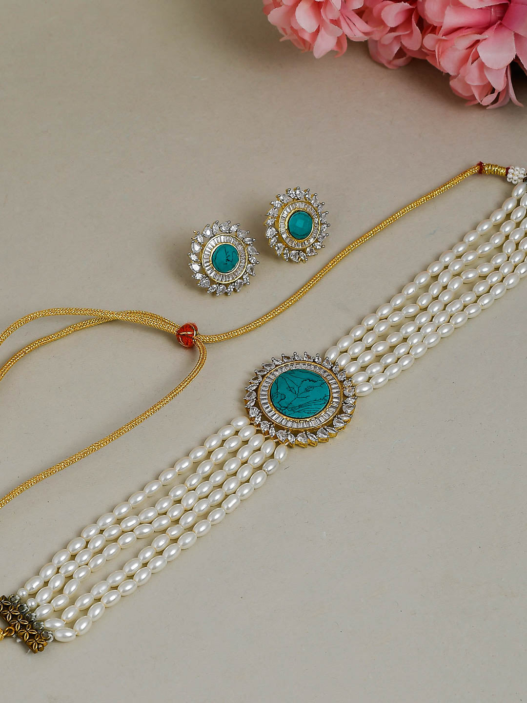 Turquoise Blue White Gold Plated Pearl Choker Jewellery Set