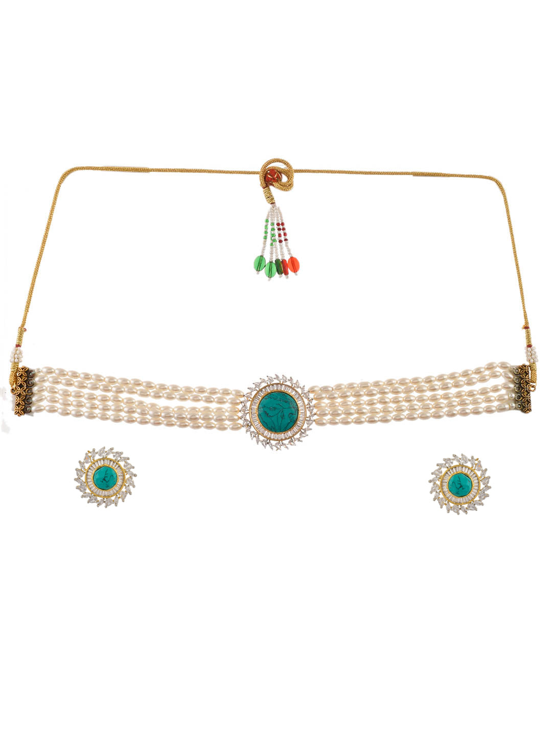 Turquoise Blue White Gold Plated Pearl Choker Jewellery Set