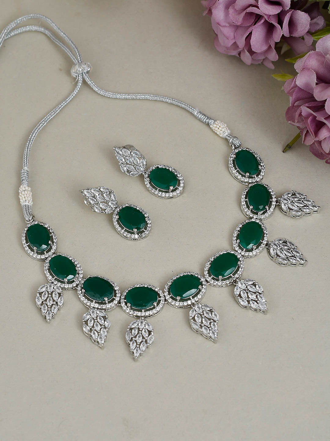 Green Onyx Silver Plated Ad Jewellery Set
