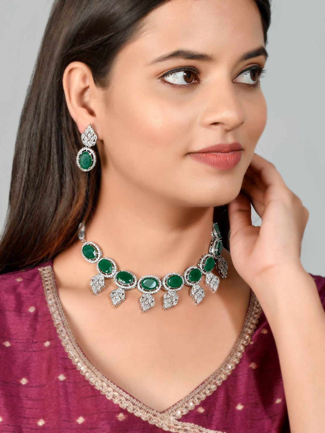Green Onyx Silver Plated American Diamond Jewellery Sets for Women Online