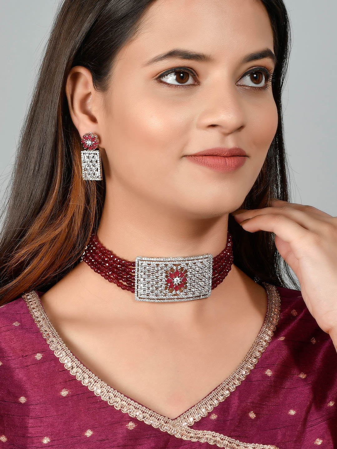 American Diamond Red Onyx Choker Jewellery Sets for Women Online