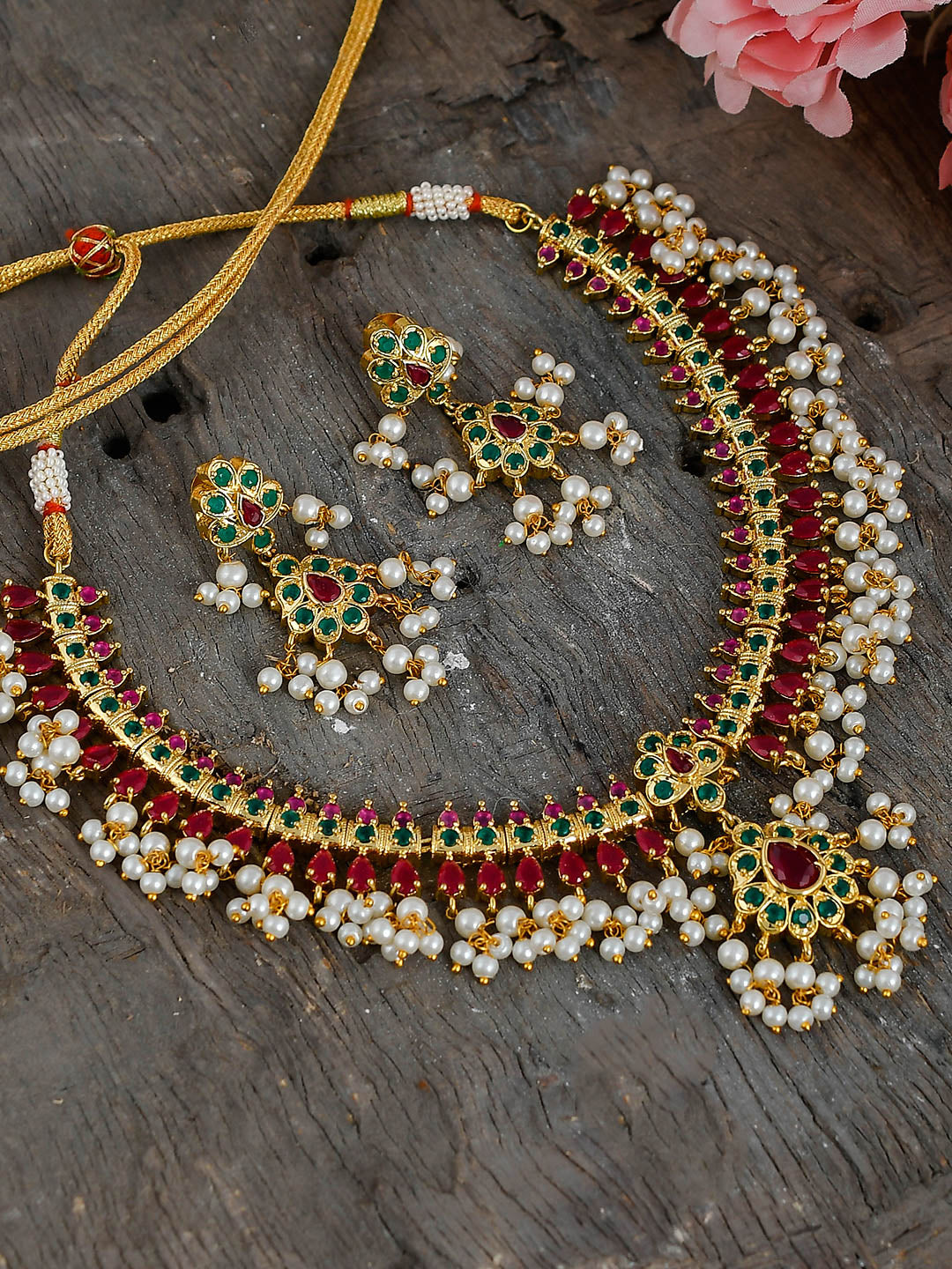 Gold Plated Pearl Temple Jewellery Set