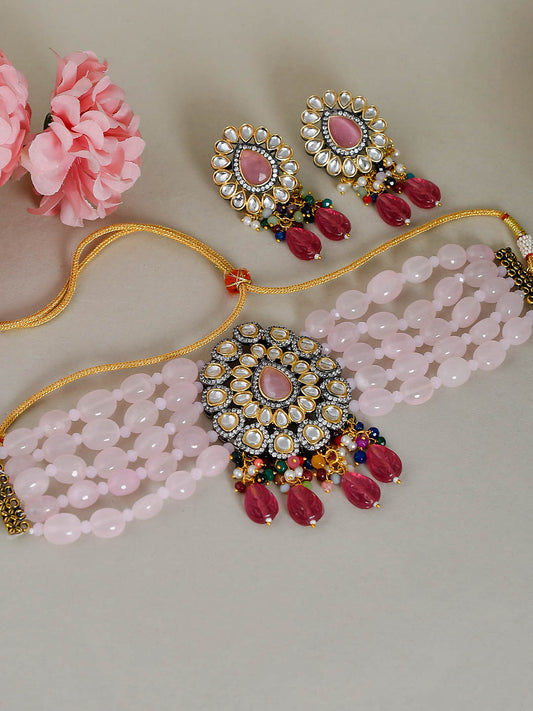 Baby Pink Beads Choker Kundan Jewellery Set