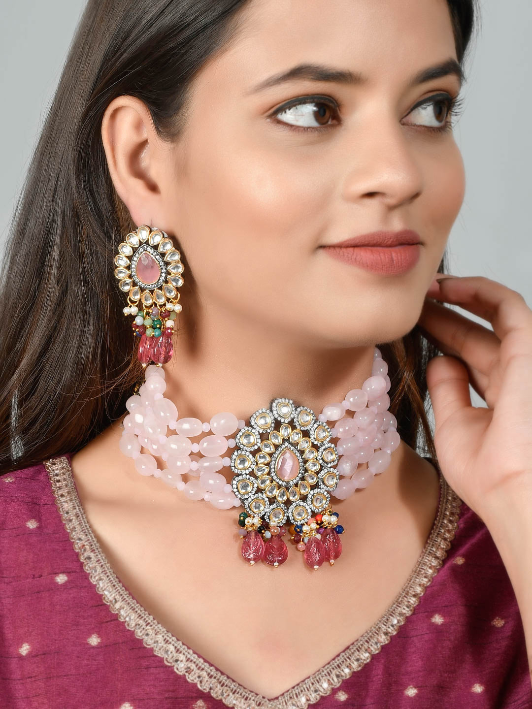 Gold Plated Baby Pink Beads Choker Kundan Jewellery Set