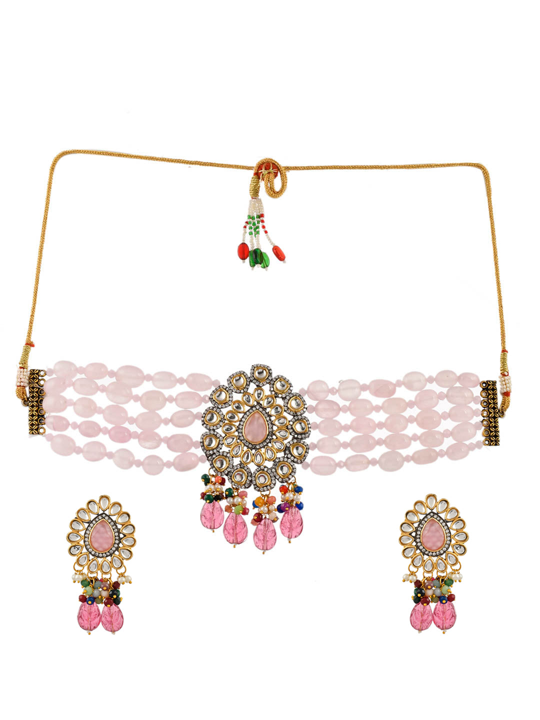 Gold Plated Baby Pink Beads Choker Kundan Jewellery Set