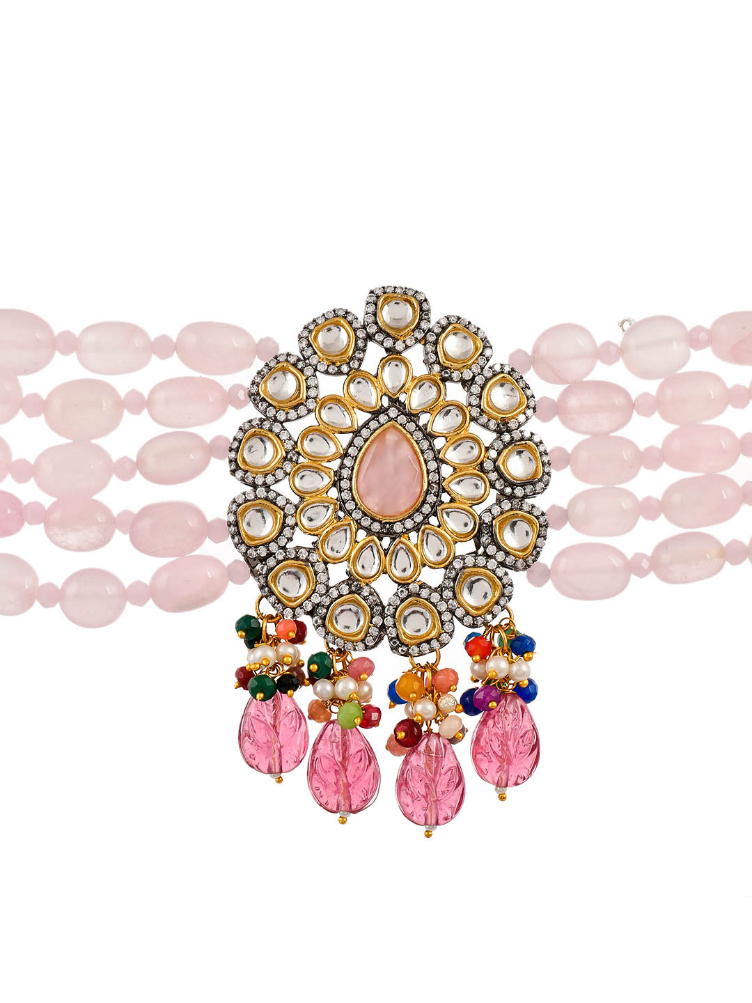 Gold Plated Baby Pink Beads Choker Kundan Jewellery Set