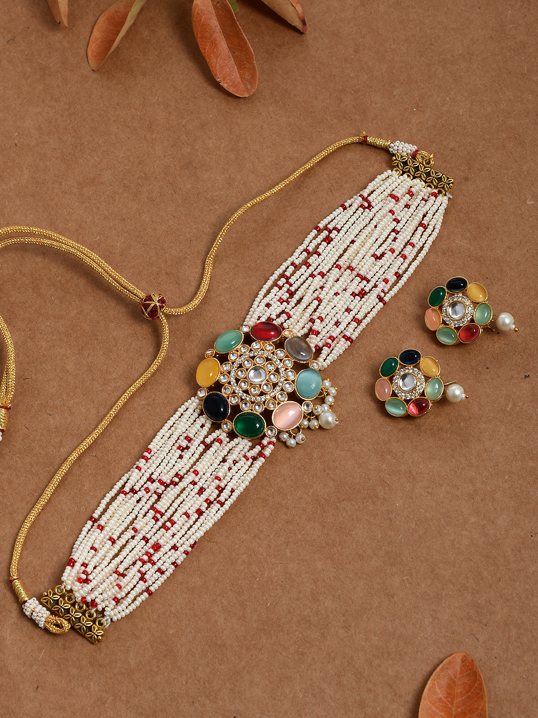 Navratan Gold Plated Jadau Ad Jewellery Set