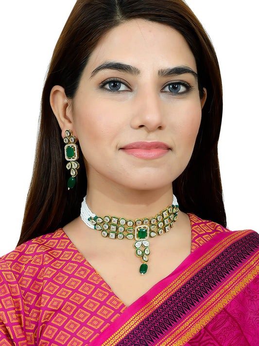 Handmade Green Kundan Diamond Choker Jewellery Set With Earrings for Women Online