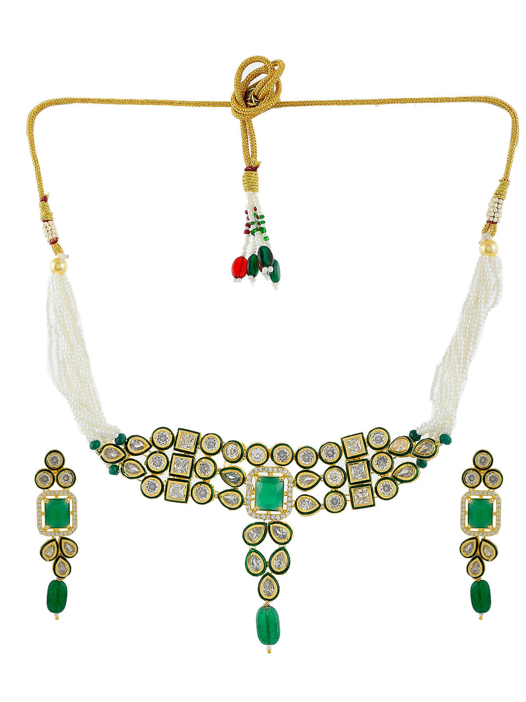 Handmade Green Kundan Diamond Choker Jewellery Set With Earring For Women