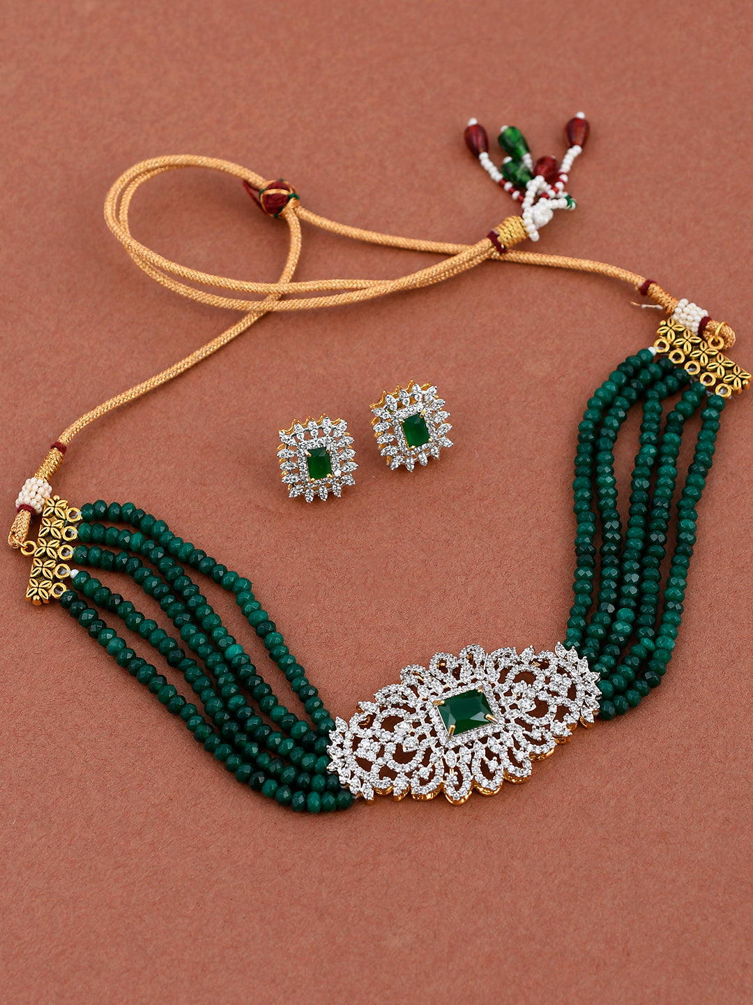 Gold Plated Green White Ad Studded Choker Jewellery Set