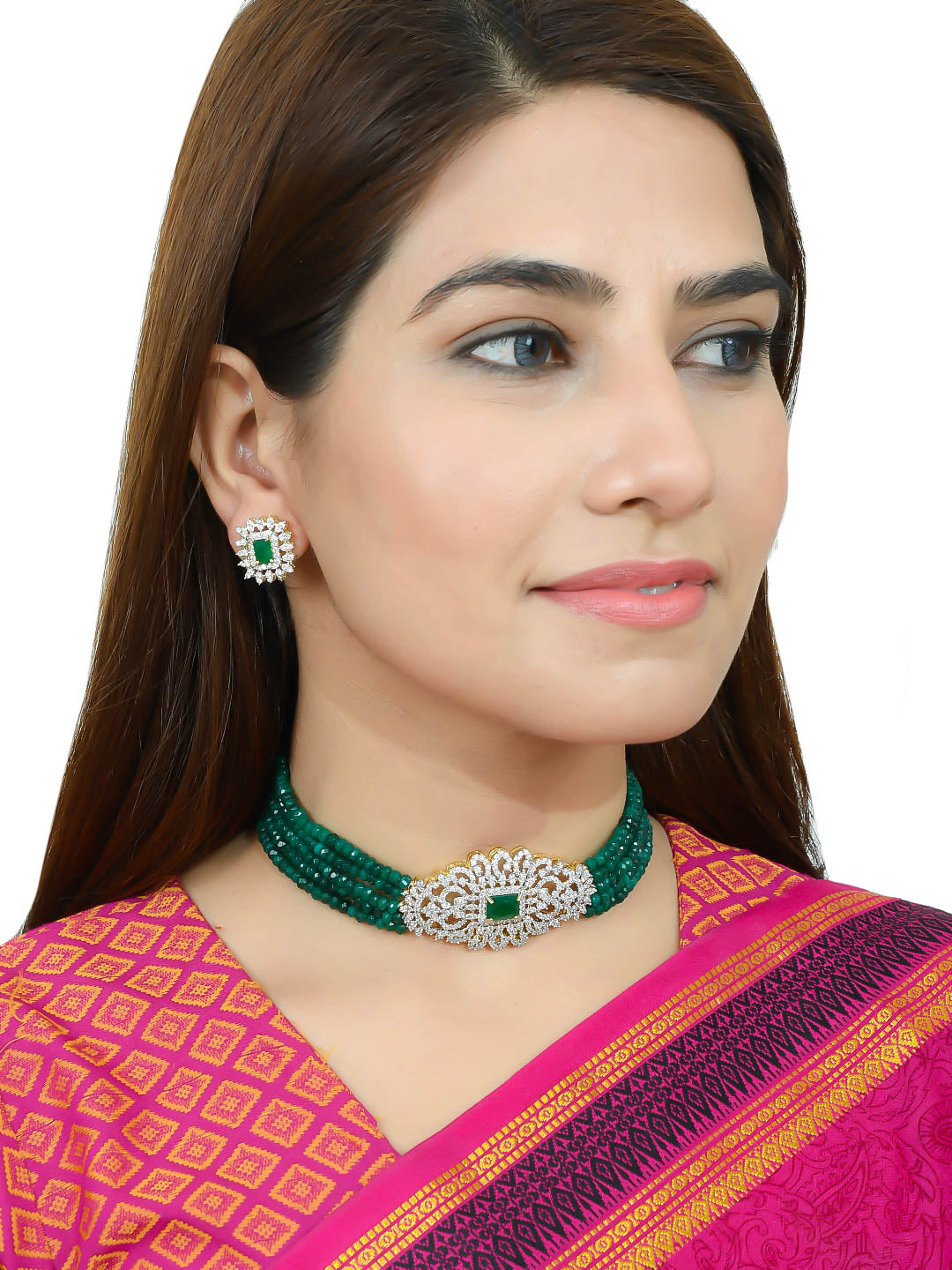 Gold Plated Green & White Ad Studded Choker Jewellery Sets for Women Online
