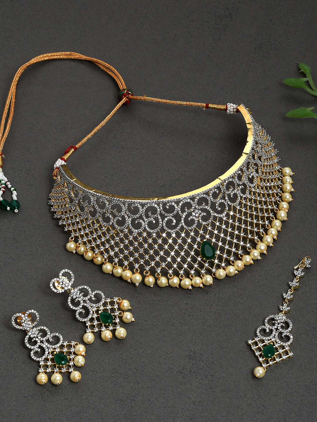 Green Alloy Based Necklace With Earrings Set 459JW16
