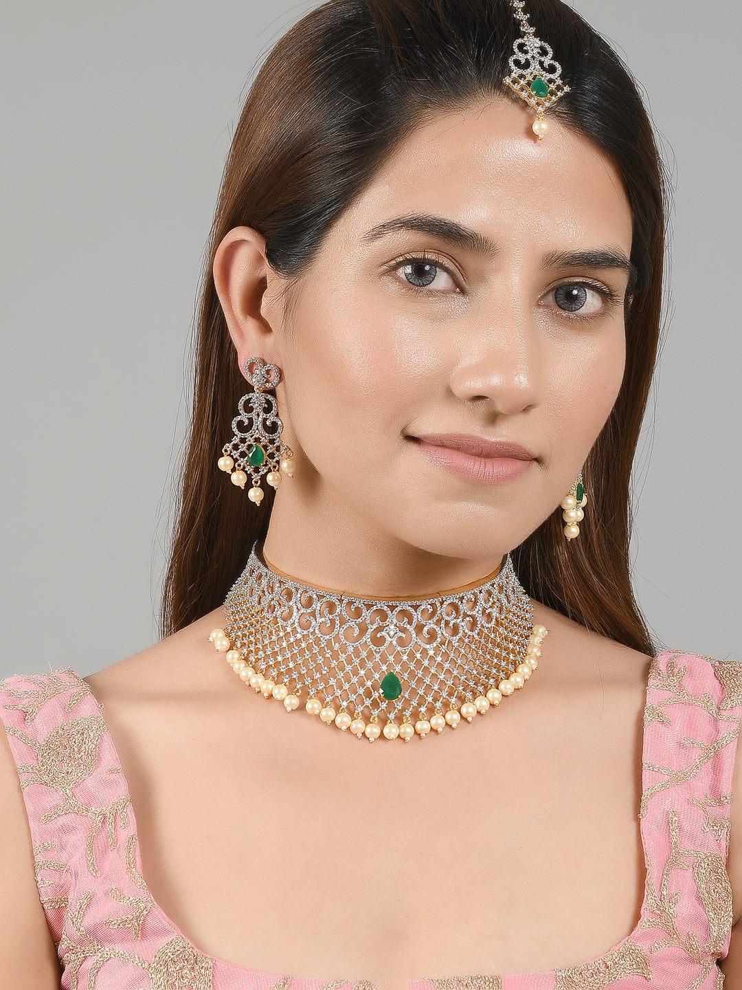 Gold Plated Bridal Green Jewellery Set for Wedding Online