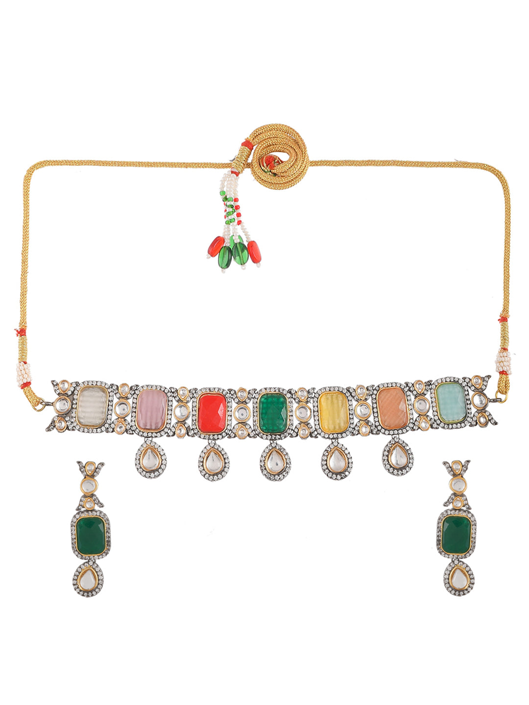 Gold Plated White Green Kundan Studded Jadau Jewellery Set