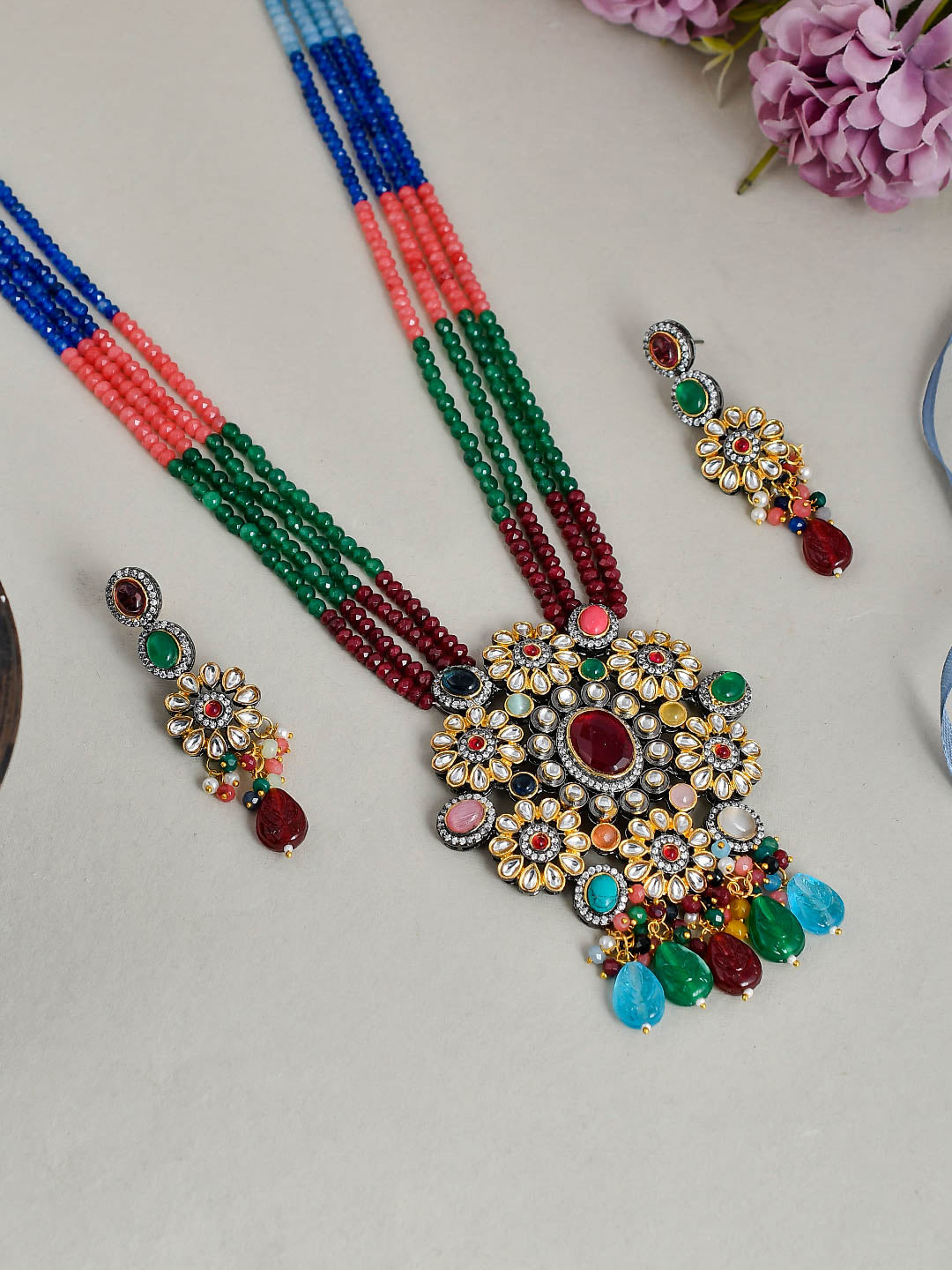 Kundan Multicolor A D Layered Jewellery Set