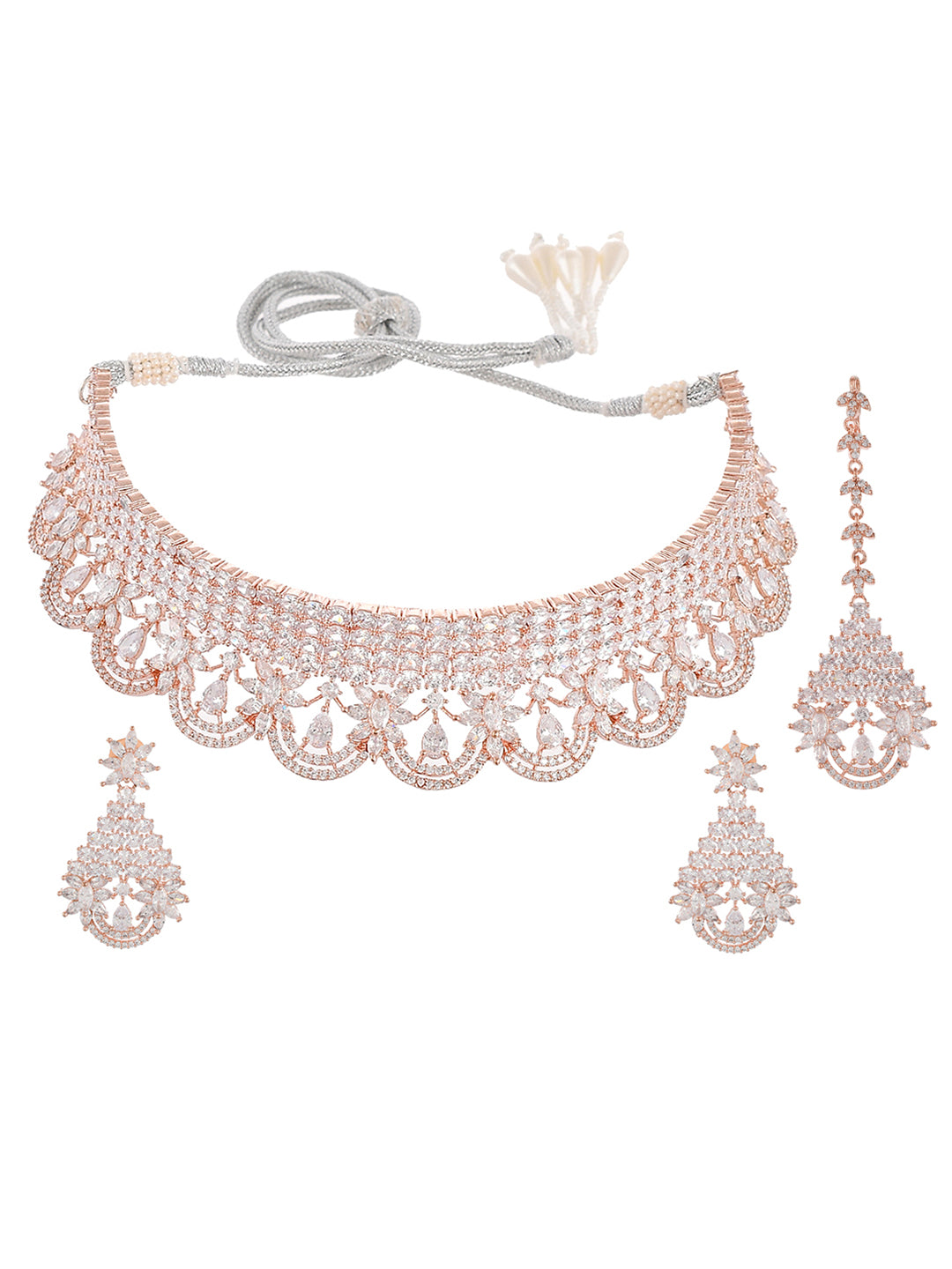 Rose Gold American Diamond Jewellery Set With Maangtika