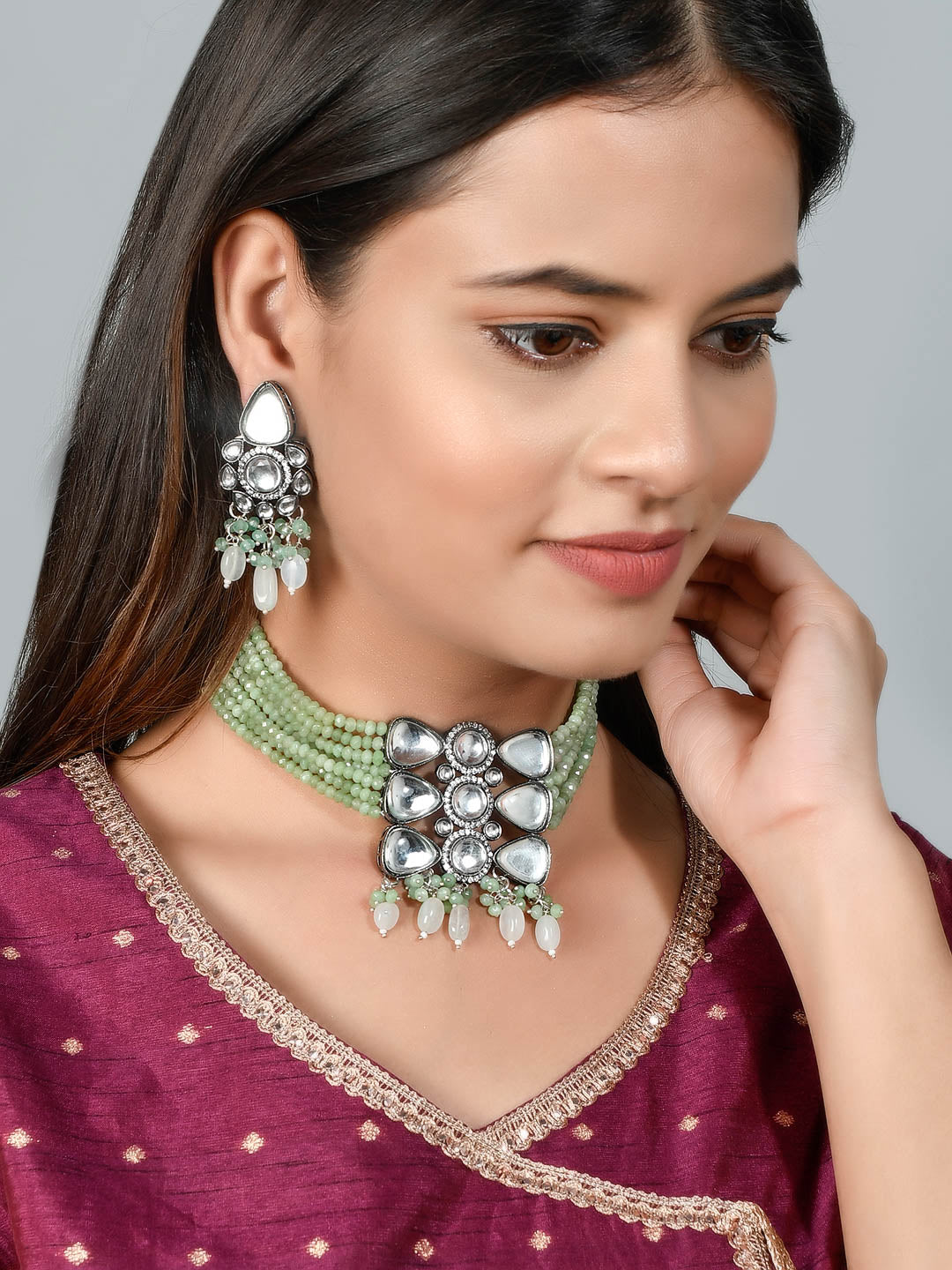 Lime Green Beads Kundan Jewellery Sets for Women Online