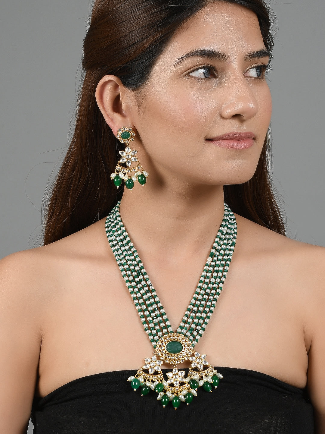 Gold Plated Pearl Kundan And Green Onyx Kundan Long Rani Haar Jewellery Set For Wedding