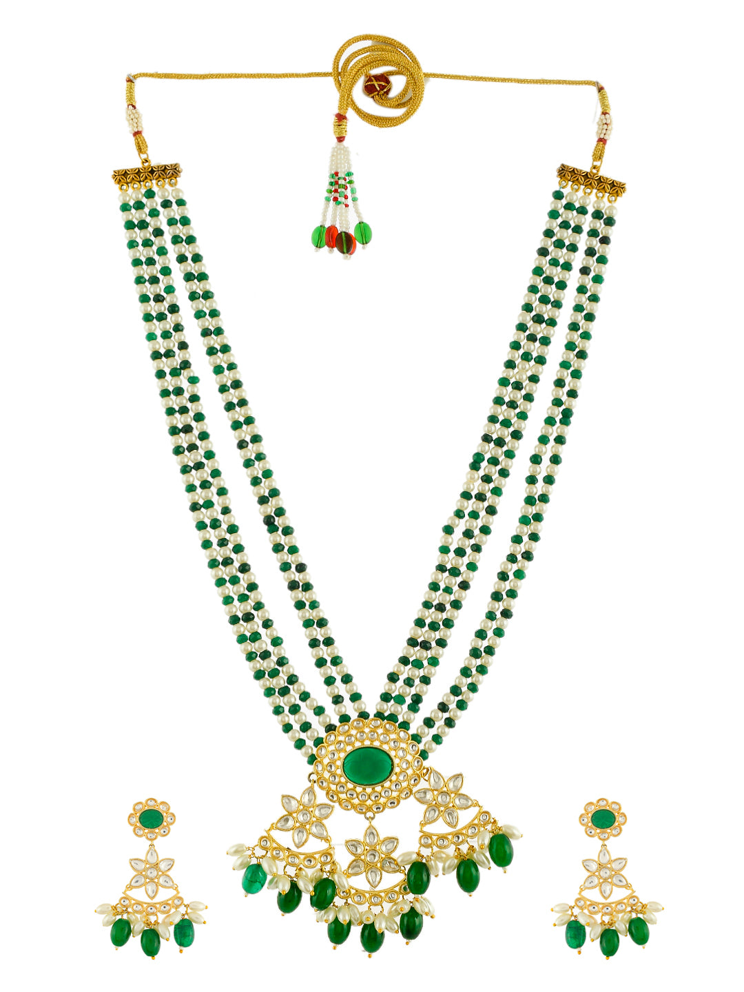 Gold Plated Pearl Kundan And Green Onyx Kundan Long Rani Haar Jewellery Set For Wedding