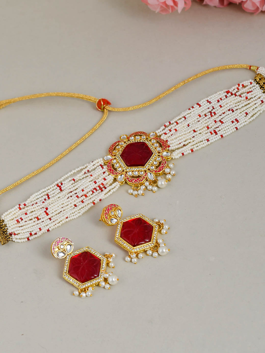 Gold Plated Engraved Red Choker Jewellery Set