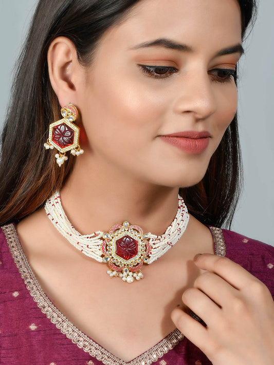 Gold Plated Pearl Engraved Red Kundan Choker Jewellery Sets for Women Online