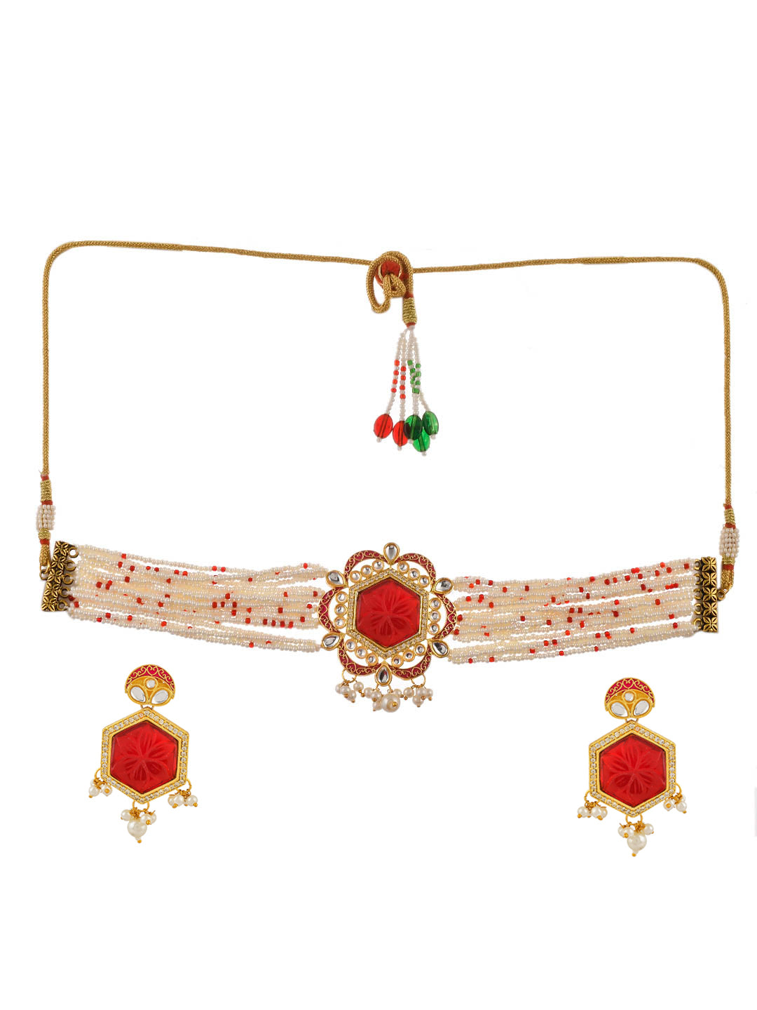 Gold Plated Engraved Red Choker Jewellery Set