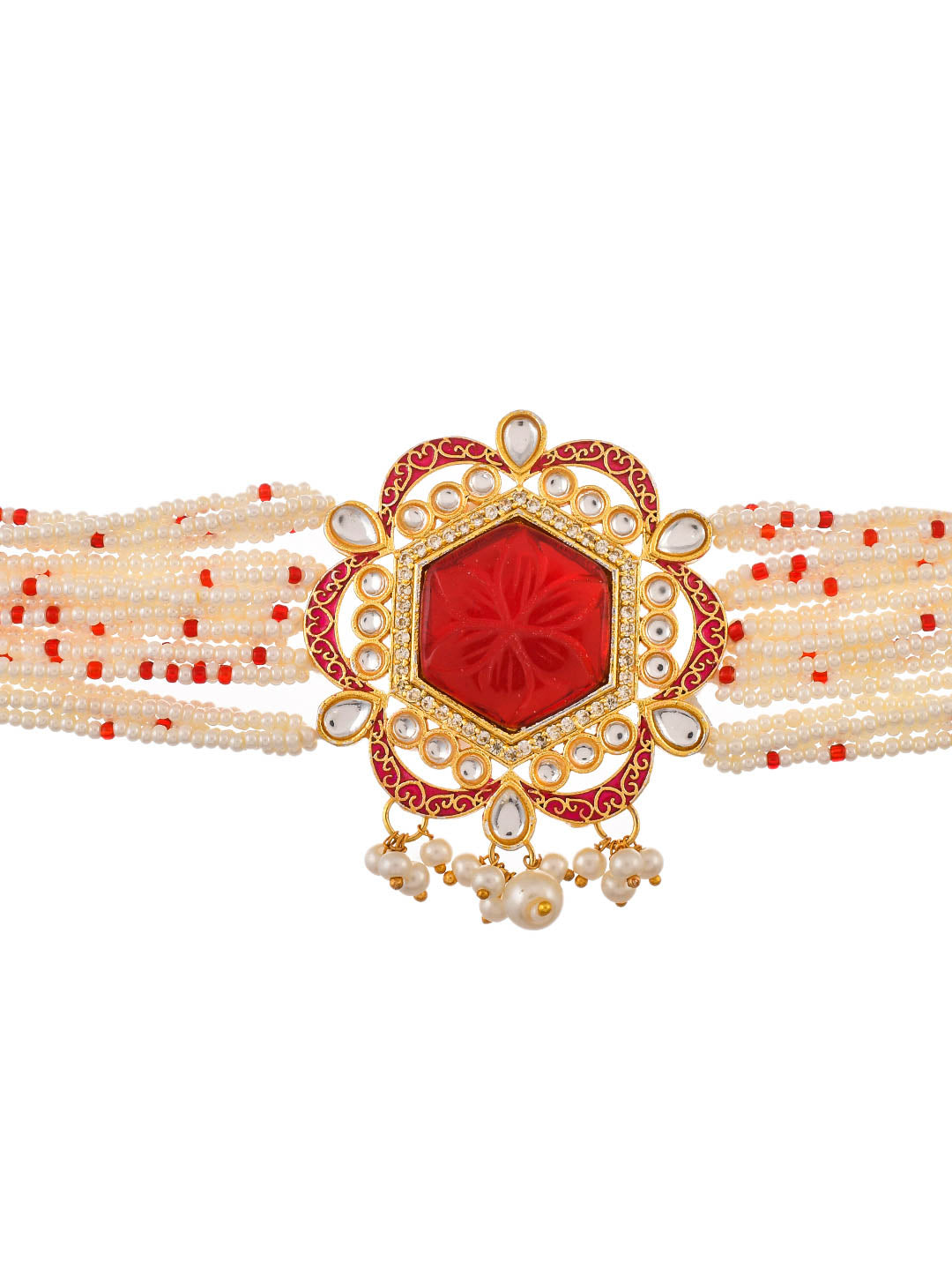 Gold Plated Engraved Red Choker Jewellery Set