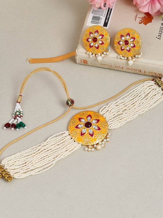 Yellow Meenakari Pearl Choker Jewellery Set
