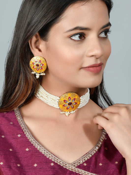 Yellow Meenakari Pearl Choker Jewellery Sets for Women Online