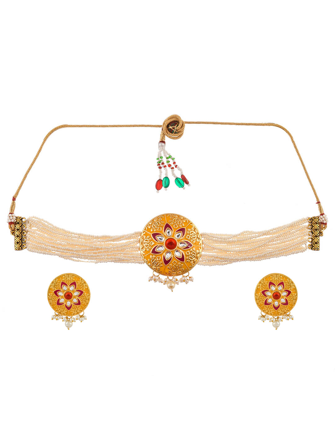 Yellow Meenakari Pearl Choker Jewellery Set