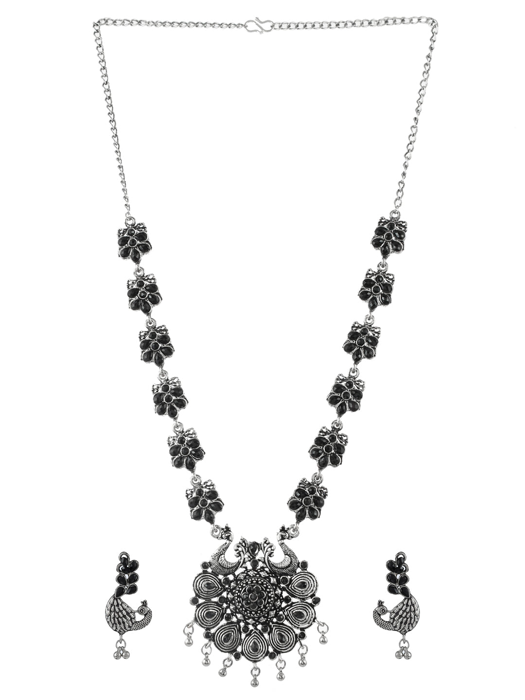 Traditional Oxidised German Silver Pearl Long Necklace Set with  Peacock-Floral Pendant and Pearl Earrings | Sasitrends | Sasitrends