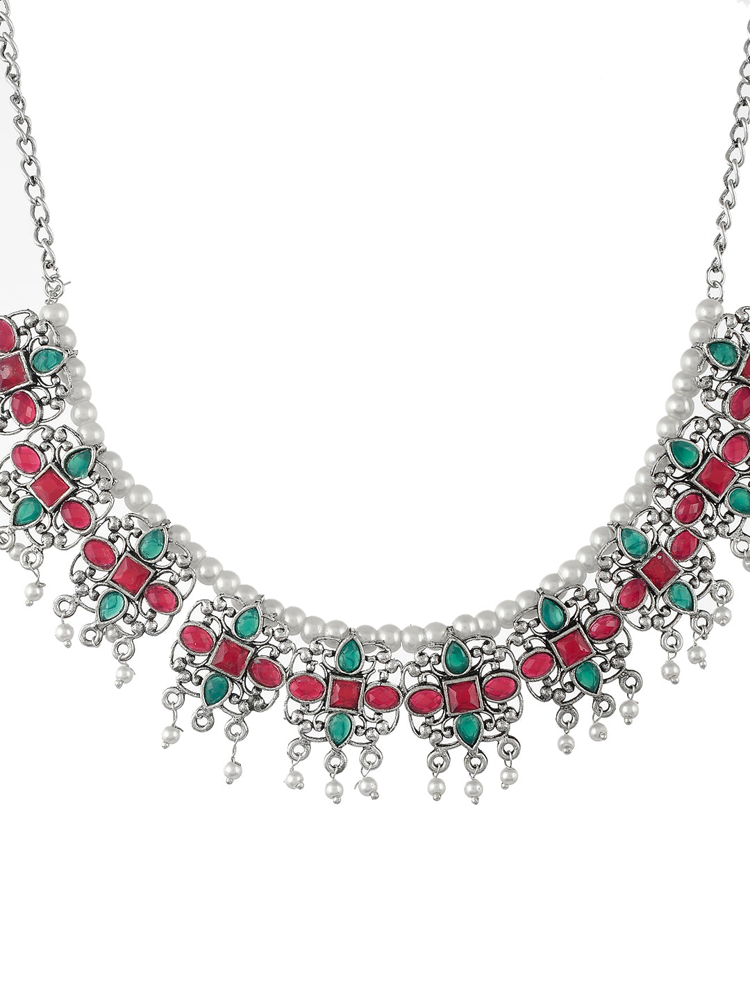 Indian Ethnic Handmade Classic Green Pink Oxidized Jewellery Set For Women
