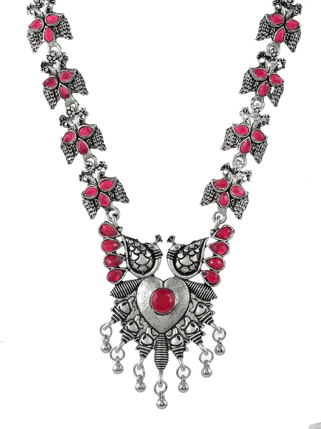 Pink Oxidized Silver Plated Women Temple Jewelry Set For Women