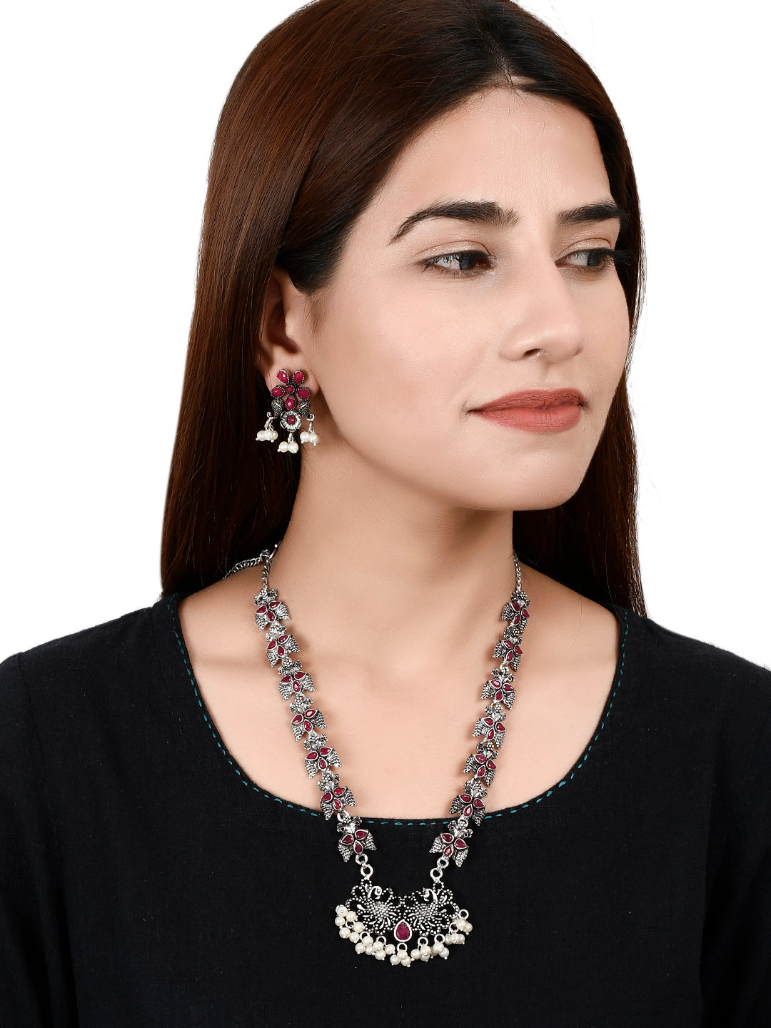 Ethnic Designer Pink Oxidized Silver Statement Necklace For Women