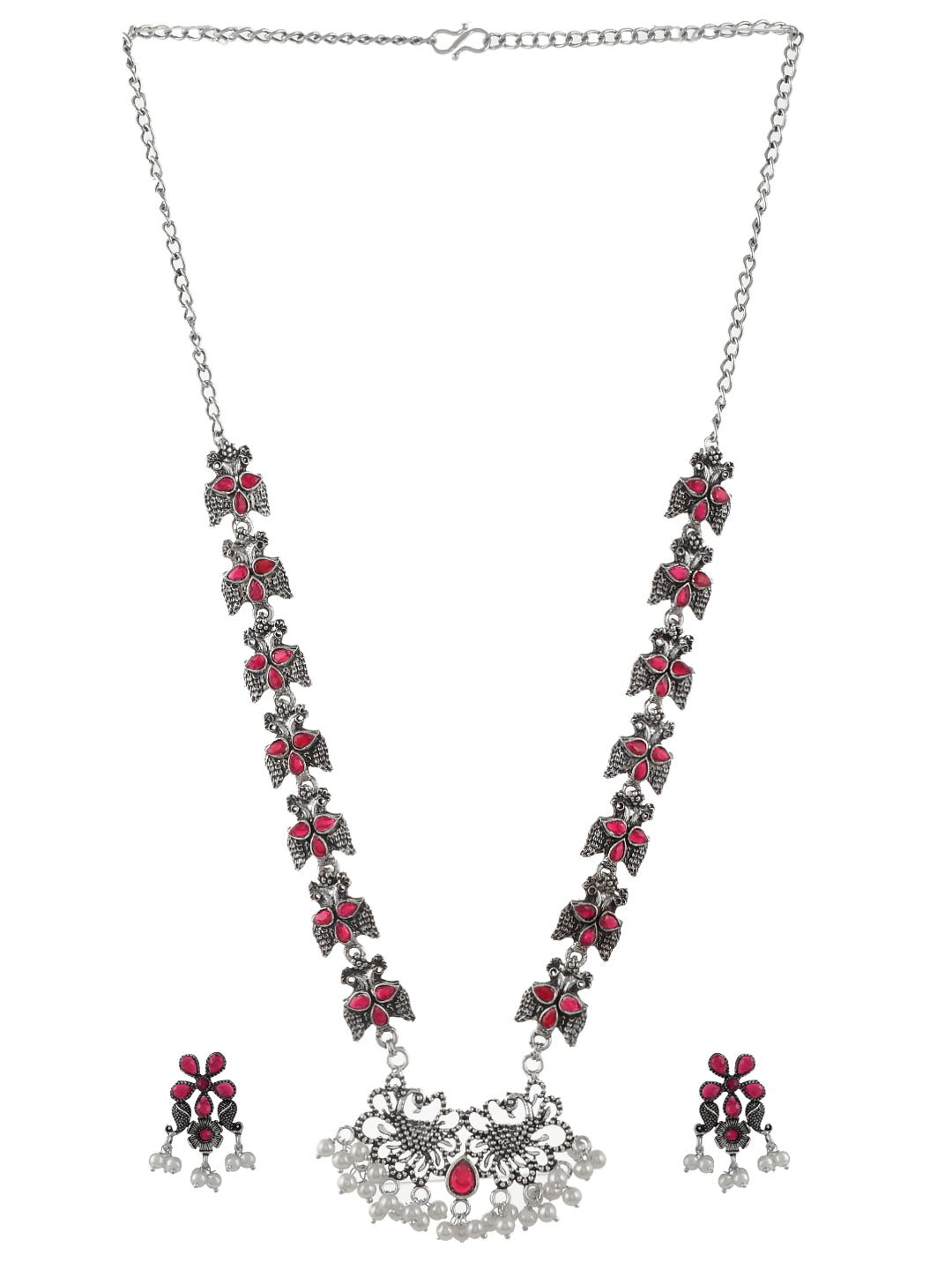 Ethnic Designer Pink Oxidized Silver Statement Necklace For Women