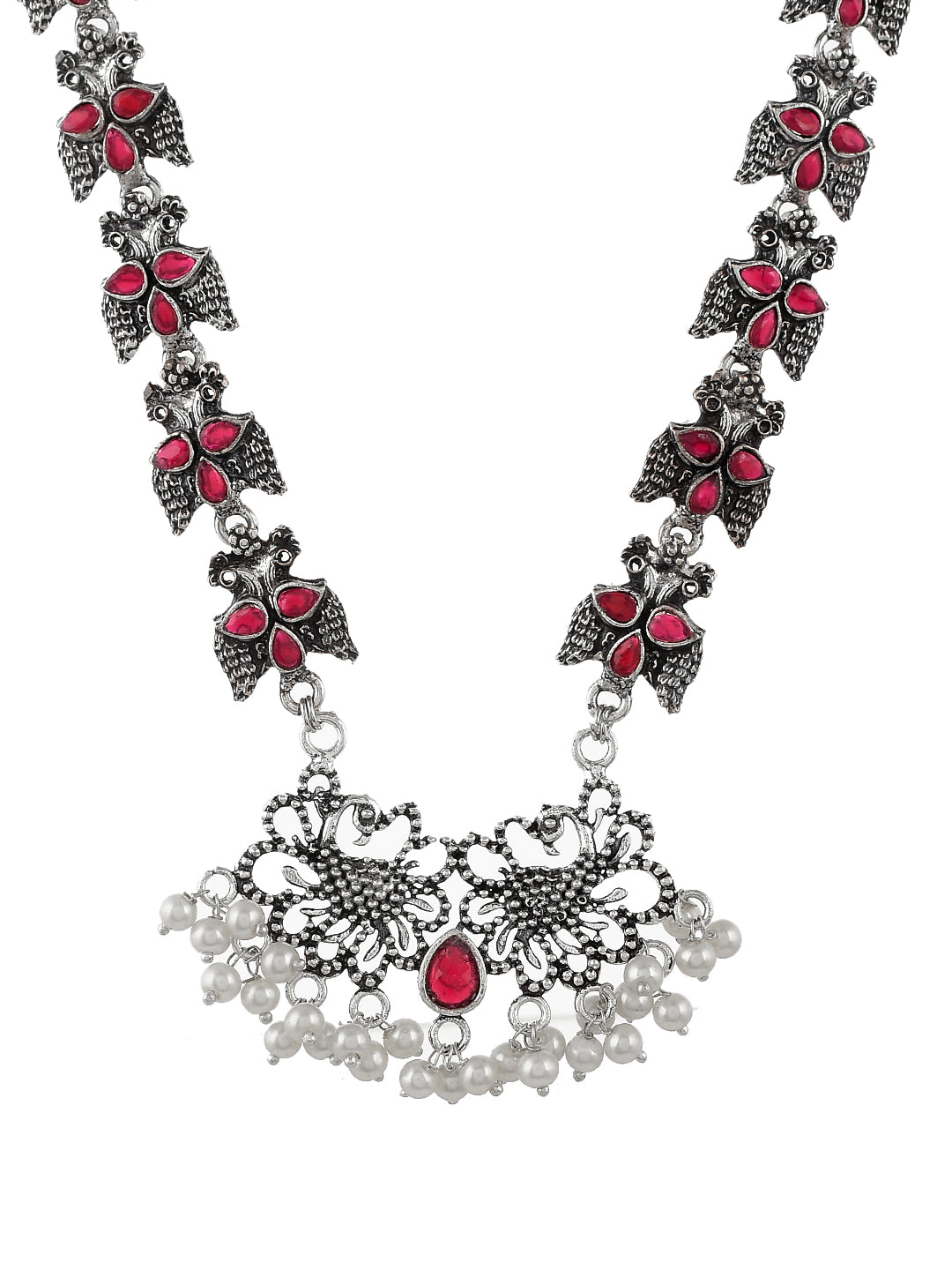 Ethnic Designer Pink Oxidized Silver Statement Necklace For Women