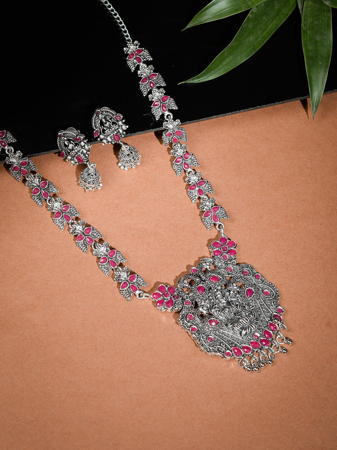 Pink Oxidized Silver Temple Jewelry Set For Women