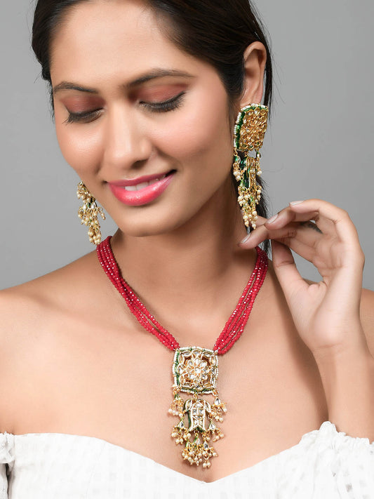 Red Onyx Beads Jadau Kundan Long Jewellery Set With Long Earrings for Women Online