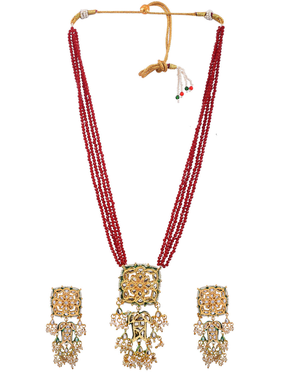 Red Onyx Beads Jadau Kundan Long Jewellery Set With Long Earrings