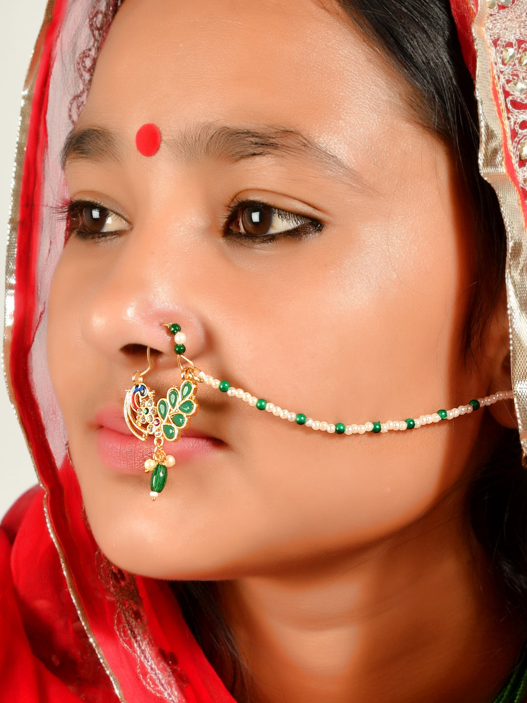 Women Gold Plated Green Pearls Studded Nose Ring